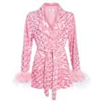 MADAM HEFNER VELVET LOUNGE JACKET PINK WITH FEATHERS