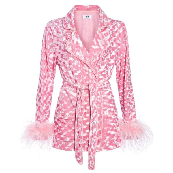 MADAM HEFNER VELVET LOUNGE JACKET PINK WITH FEATHERS